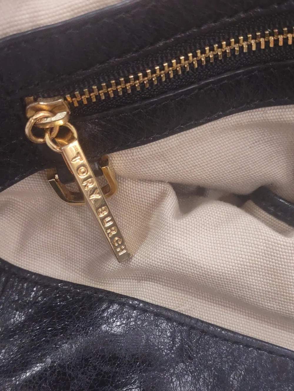 Tory Burch Black Leather Tote with Gold Tone Metal Chain Strap 